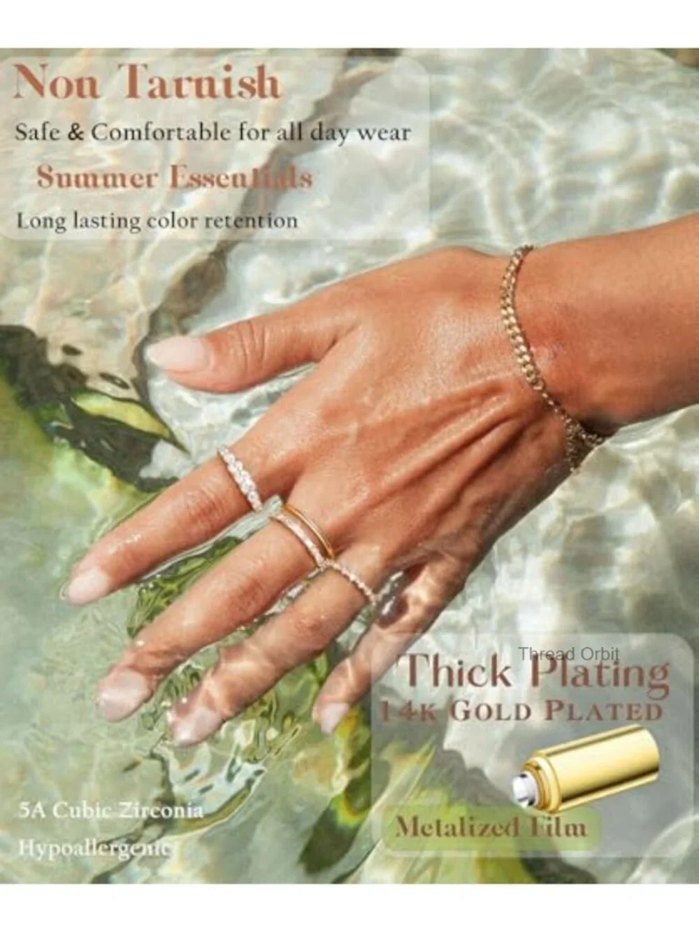 Stackable Gold Plated Cubic Zirconia Wedding Band Ring Set Non Tarnish